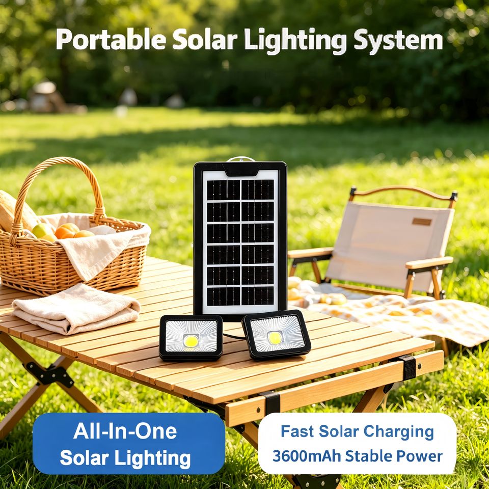 3600mAh Solar Panel Power Station Kit 4W Mini Square Lights Type-C USB Charger Outdoor Camping Light System